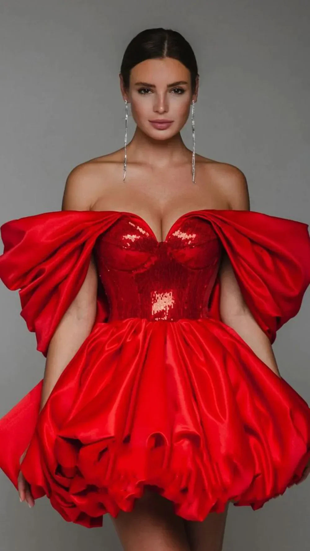New Spring Red Color Women Sexy Strapless Ball Gowm Mini Shinning Sequins Dress Celebrate Birthday Party Christmas Dress