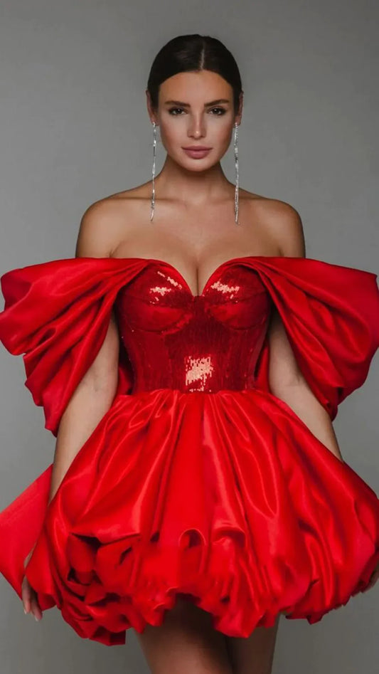 New Spring Red Color Women Sexy Strapless Ball Gowm Mini Shinning Sequins Dress Celebrate Birthday Party Christmas Dress