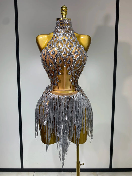 Women Sexy Sequins Rhinestone Glitter Two Pieces Sets Luxury Birthday Evening Party Nightclub Hotwife Singer Stage Outfit Silver