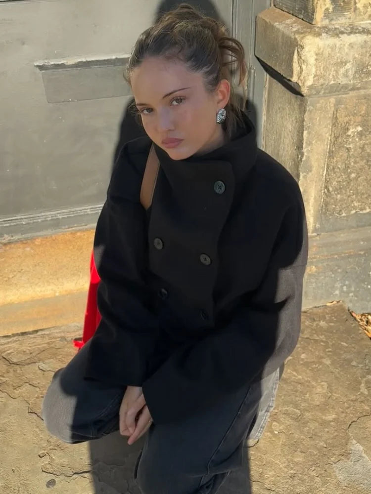 Street Solid Loose Women's Short Overcoat Stand Collar Long Sleeve Double Breasted Woolen Coat New Fashion All-match Ladies Tops