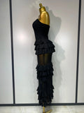Women Sexy Strapless Ruffles Long Dress Black Backless Mesh See Through Design Dresses Evening Party Cocktail Birthday Dress