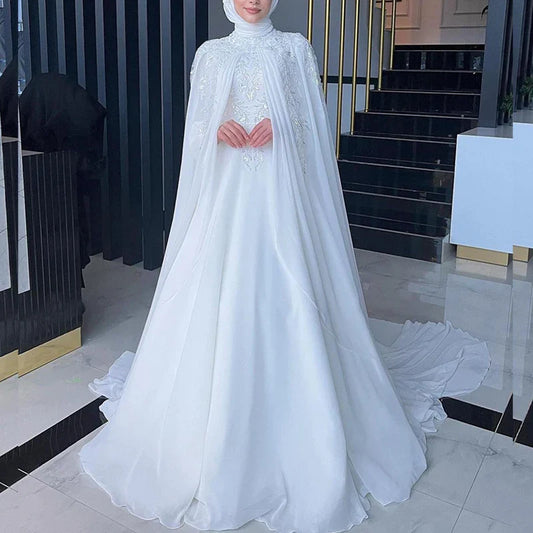 Muslim Wedding Dresses with Cape High Neck Long Sleeves Sweep Train Chiffon Sequined Beading Hijab Bride Bridal Gowns Customized Ivory