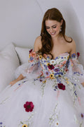 Flowers Lace Embroidery Tulle Fabric Prom Dress Detachable Train vestidos de fiesta Strapless A-line فستان حفلات الزفاف