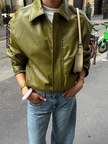 Women's Bomber Coats Lapel Zipper Solid Leather Jacket Autumn 2025 Female Turn-down Collar Full Sleeve Coats Chic Lady Outerwear