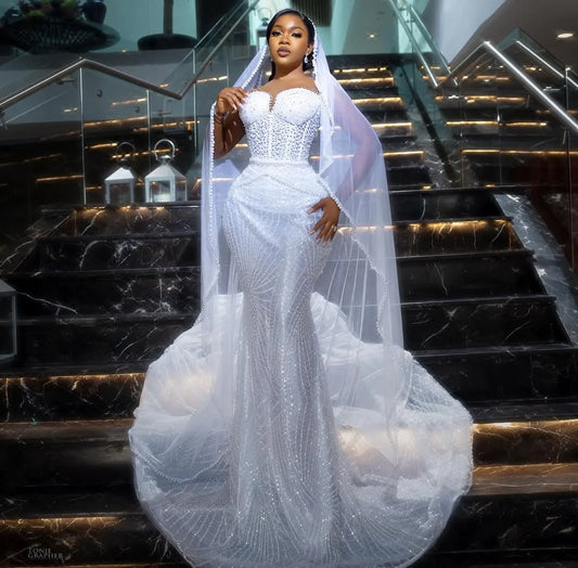 Exquisite Aso Ebi Mermaid Wedding Dress For Bride Bridal Gowns Illusion Beaded Lace Pearls Crystals Vestido De Noiva