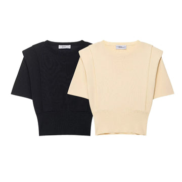 2025 Autumn New Product Women's Clothing Style Versatile Shoulder Pad Round Neck Short Sleeve Knitted Top