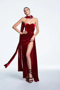 New Spring Women Sexy Strapless Velvet Bodycon Long Dress Celebrate Fashion Evening Party Cocktail Outfit Claret