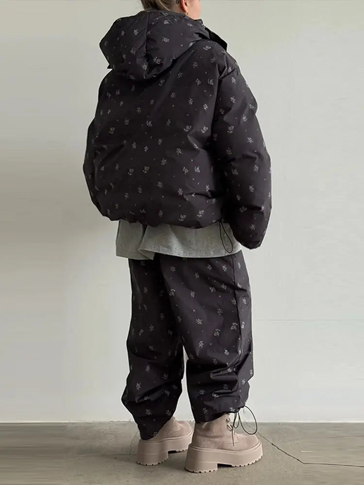 Women's 2 Pcs Suits Hooded Printed Padded Jacket Pants Sets New Winter Loose Bomber Coats Elastic Waist Trousers New Lady Outfit