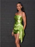 Women Sexy Strapless Shinning Leather Bodycon Mini Draped Dress Celebrate Nightclub Party Chiristmas Bar Singer Wear green