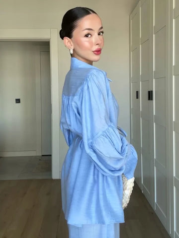 Street Pleated Slim Women's 2 Pcs Suits Lapel Long Sleeve Lace Up Shirts High Waist Wide Leg Trousers Fashion Ladies Outfits New