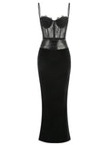 Women'S Sling Velvet Long Dress Sexy See Through Lace Slim Fishbone Dress Elegant Celebrity Evening Party Gowns