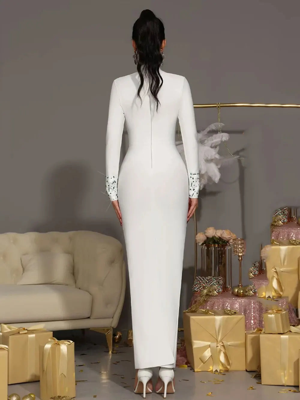 2025 Elegant Women's Light Luxury Nail Bead Bandage Dress High Collar Long Sleeve Bodycon White Long Dress Evening Party Vestido