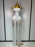 Women Sexy White Elegant Strapless Long Tassels Bandage Bodysuit Evening Party Luxury Birthdy Nightclub Singer Stage Outfit WHITE
