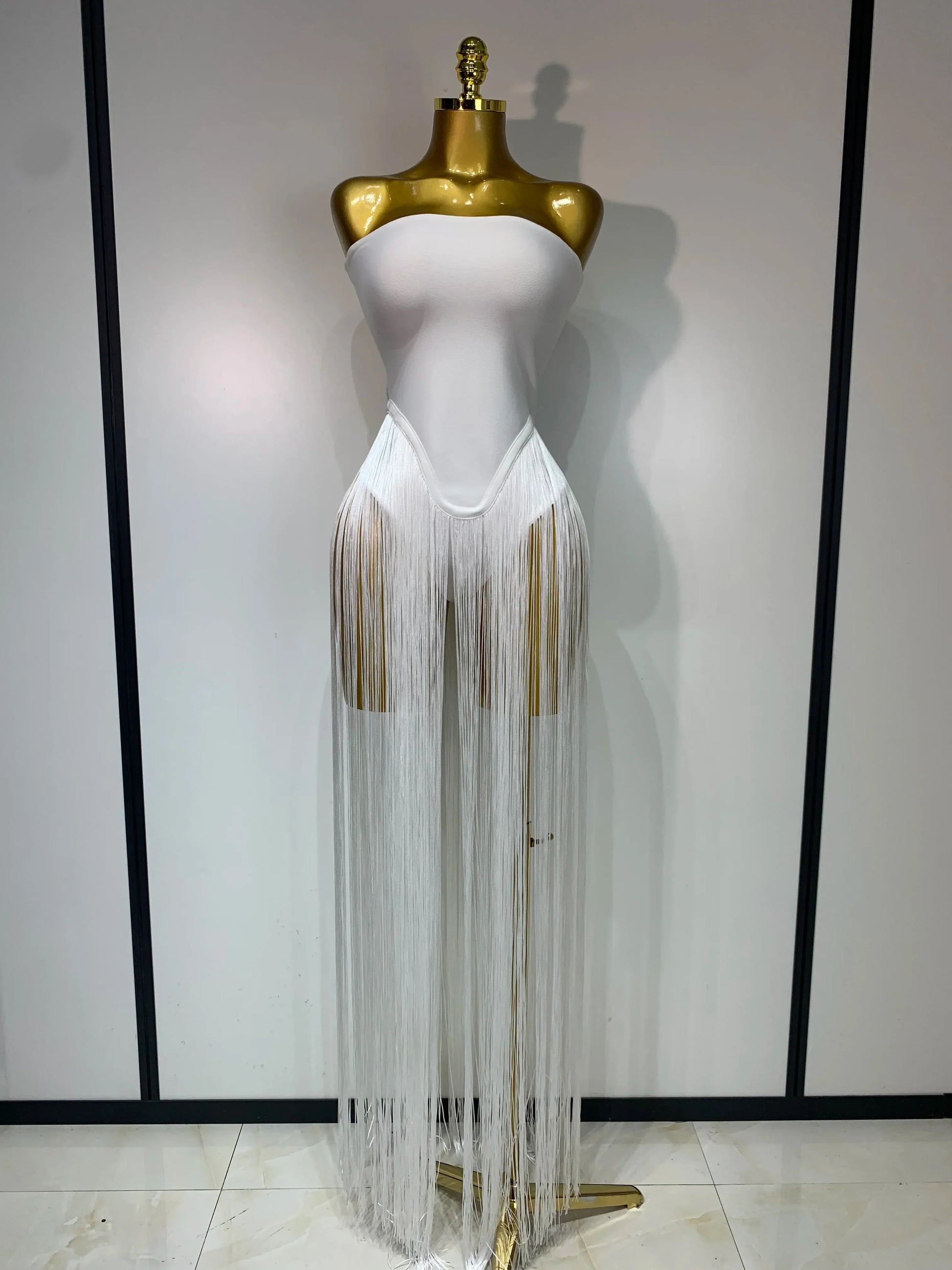 Women Sexy White Elegant Strapless Long Tassels Bandage Bodysuit Evening Party Luxury Birthdy Nightclub Singer Stage Outfit WHITE