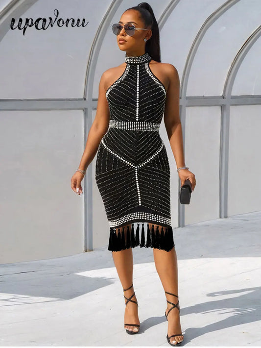 2025 Sexy Women Heavy Industry Pearl Nail Bead Bandage Dress Hanging Neck Sleeveless Bodycon Backless Midi Tassel Dress Vestidos