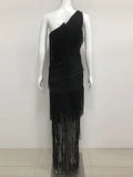 Women's One Shoulder Diagonal Collar Fringe Bandage Long Dress Summer Tassel Vacation Birthday Evening Night Club Vestidos