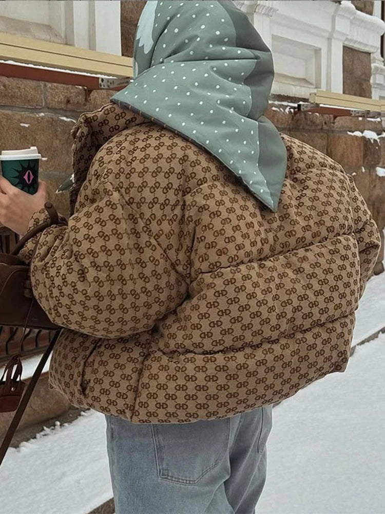 Women's Winter Down Jacket Letter Printed Padded Jackets Autumn 2025 Female Half Turtleneck Long Sleeves Loose Coats Outerwears