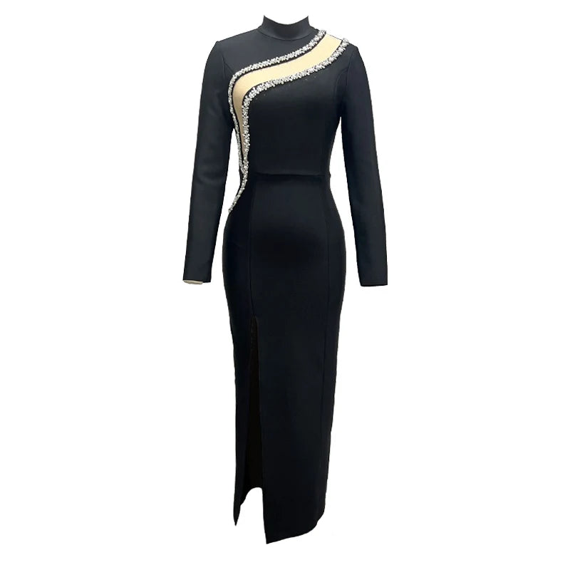 Black Color Top Quality Women Long Sleeve Shinning Crystal Bodycon Bandage Long Dress Fashion Evening Party Celebrate Dress black
