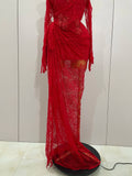 Women Sexy Strapless Backless Red Lace Split Maxi Long Bodycon Dress Celebrity Elegant Evening Club Birthday Party Outfit