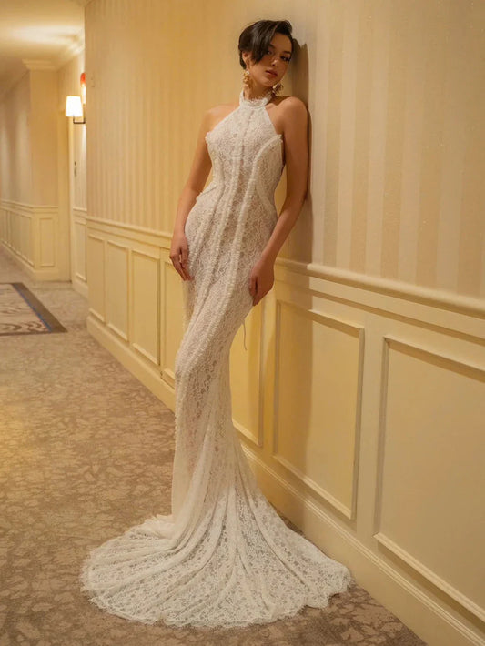 Elegant Women's white lace Slim Long Dress Halter Backless Sleeveless Maxi Dresses Lady Evening Wedding Party Gowns