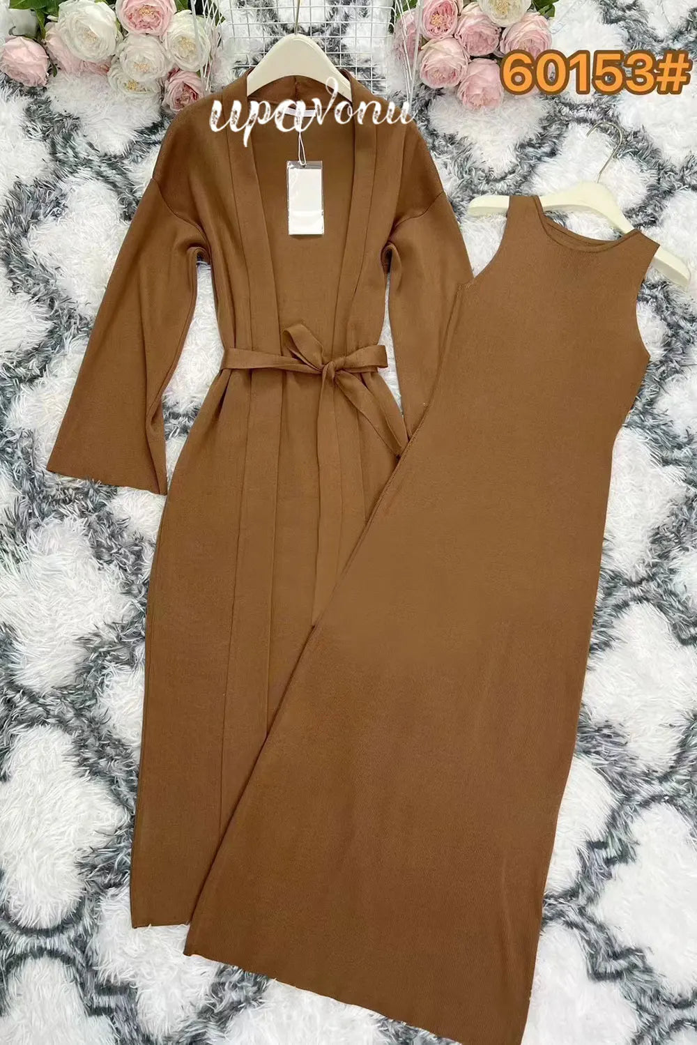 Women's Knitted Long Dress Sets with Polo Collar Long Sleeves Waistband Tie up Cardigan Long Coat+Sleeveless Dress Two Piece Set Dark brown