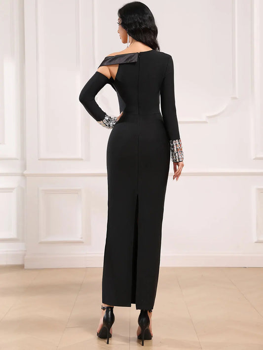 2025 Spring Women's Sexy Asymmetric Bandage Dress with Diagonal Collar Long Sleeve Bead Design Bodycon Long Dress Party Vestidos