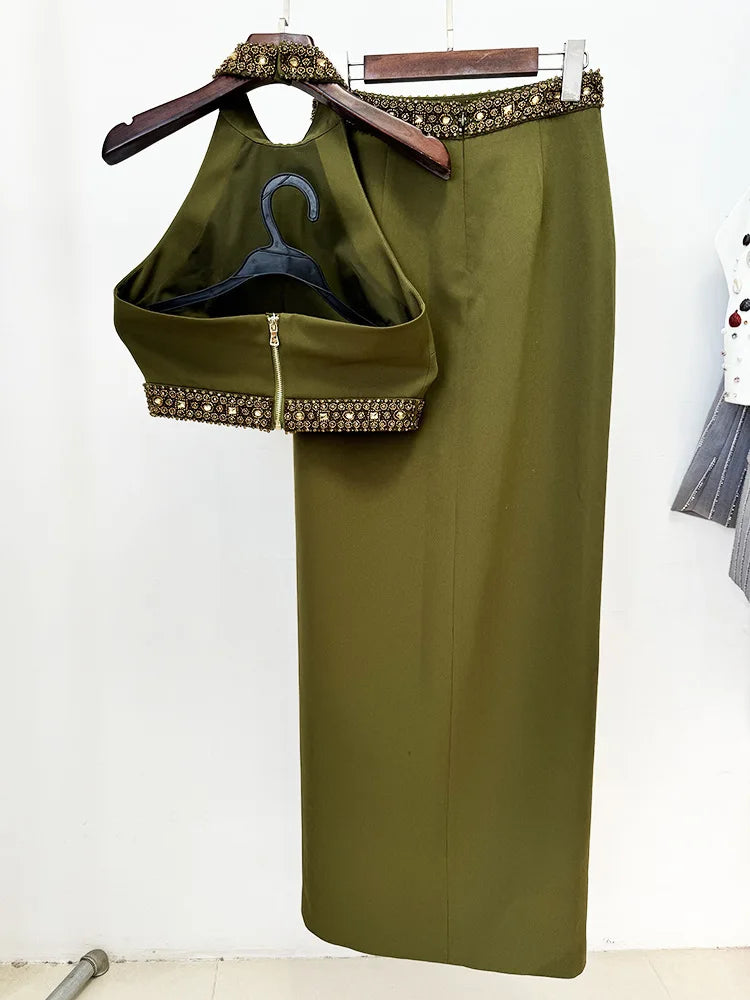 New Spring Women Sexy Beading Tank Tops High Split Bodycon Long Skirts Set Elegant Evening Party Birthday Dress Vestido