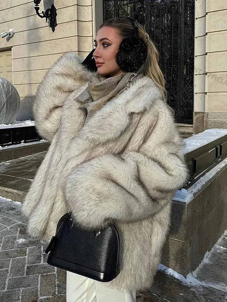 Oversized Tip-dyed Lapel Furry Faux Fur Coats Women Elegant Turn-down Collar Long Sleeve Coat Designer New Winter Lady Outerwear