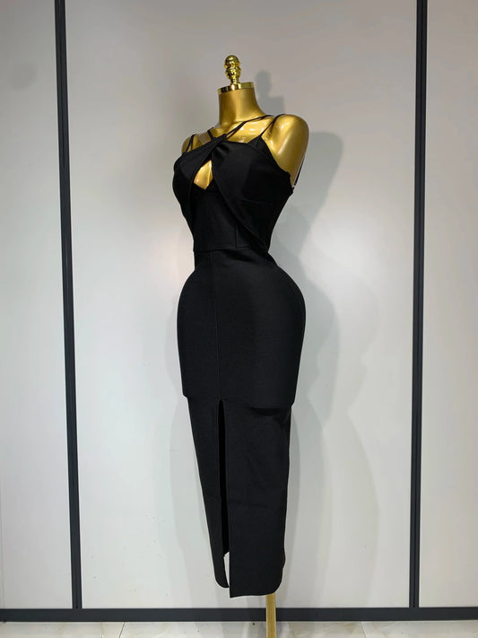 Women Sexy Sleeveless Hollow out Split Backless Black Midi Bandage Dress Celebrity Elegant Evening Cocktail Party Dresses