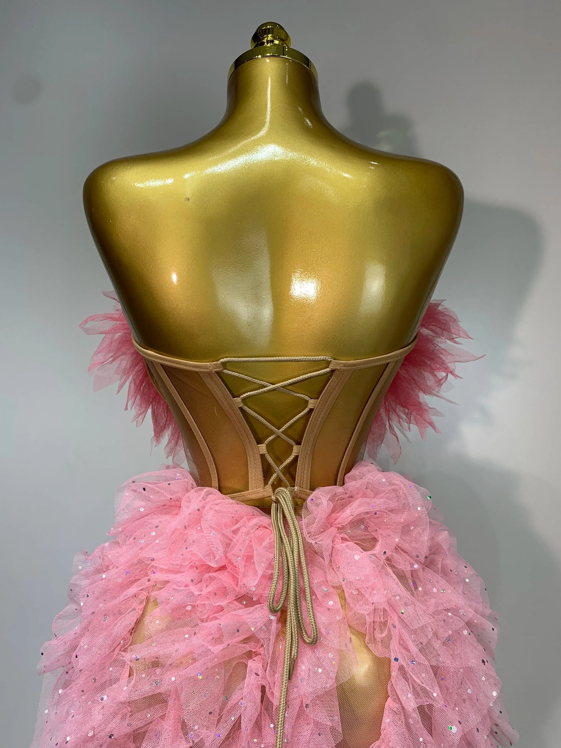 Women Sexy Strapless Ruffles two Pieces Set Bodycon Long Dress High Split Fashion Nightclub Party Birthday Singer Stage Outfit