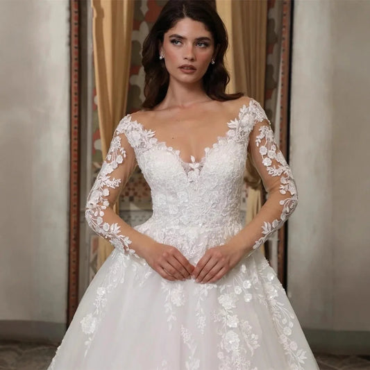 New Church Wedding Dress 2025 Sheer Neck 3D Flowers Lace Long Illusion Sleeves Bride Bridal Gowns Vintage Vestidos De Noiva