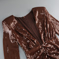2024 Sexy Women'S Light Luxury Dark Brown Sequined Dress Deep V-Neck Long Sleeved Bodycon Draped Midi Dresses Christmas Vestidos