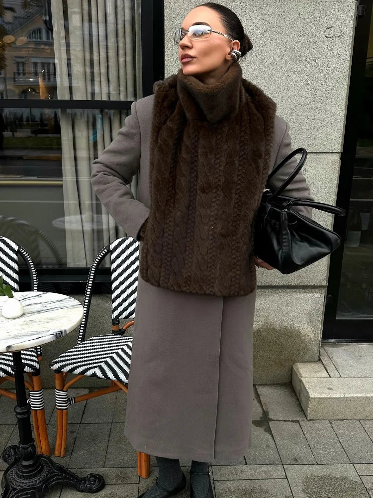 Women's Solid Faux Fur Vest Elegant Turtleneck Fluffy Short Tank Tops 2025 Autumn Winter Female Chic Sleeveless Jacket Coat New