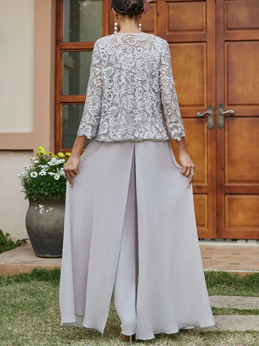 Mother Of The Bride Dress - Elegant 3 Piece Evening Dress Chiffon Lace Square Neck 3/4 Sleeve Floor-Length Appliques Jacket Prom Gown2025 Free Customized