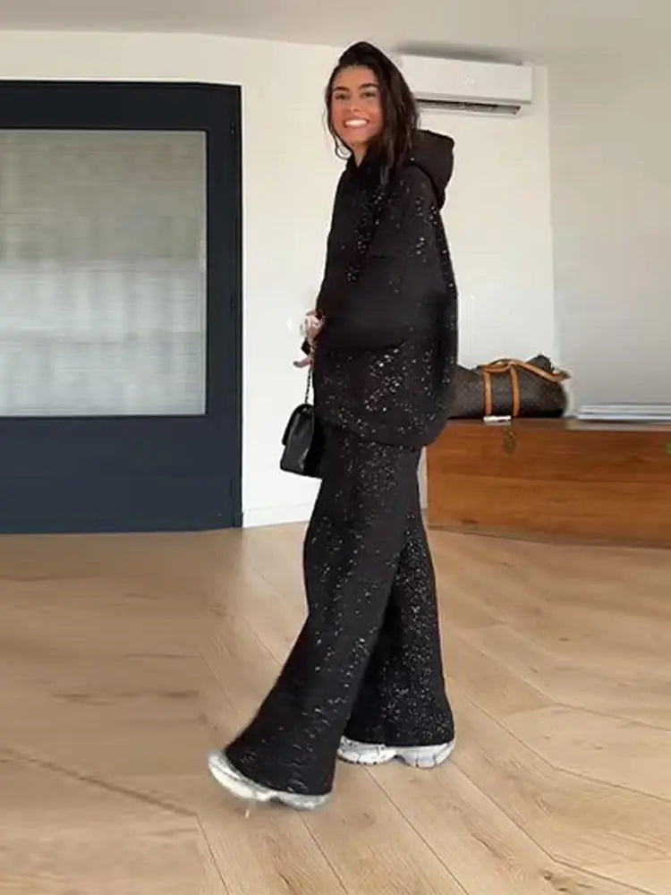 Women's 2 Pcs Suits Sparkly Hoodie Pants Sets Casual Female Hooded Lantern Sleeve Loose Tops Wide Leg Trousers Chic Lady Outfits