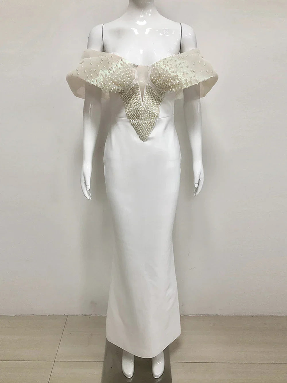 Women Sexy Pearl Beading Tight Maxi Bandage Dress Off The Shoulder Patchwork Bodycon Clothes Club Evening Party Elegant Gown