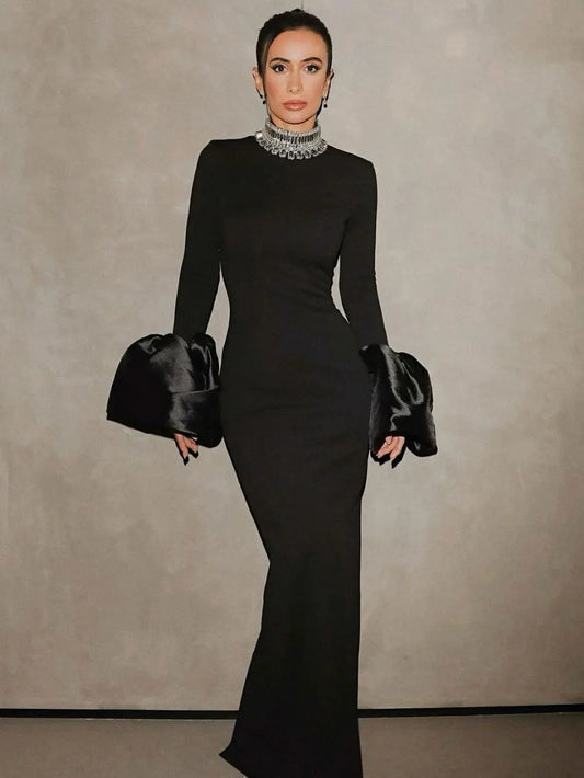 2024 Women's Light Luxury Beaded Elegant Bandage Dress Stand Collar Horn Sleeve Bodycon Long Dresses Evening Club Party Vestidos