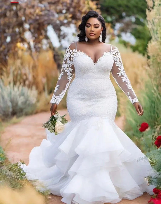 Plus Size Mermaid Wedding Dress 2026 Sheer Neck Long Sleeves Lace Appliques Ruffles Tiered Bride Bridal Gowns African Vestidos