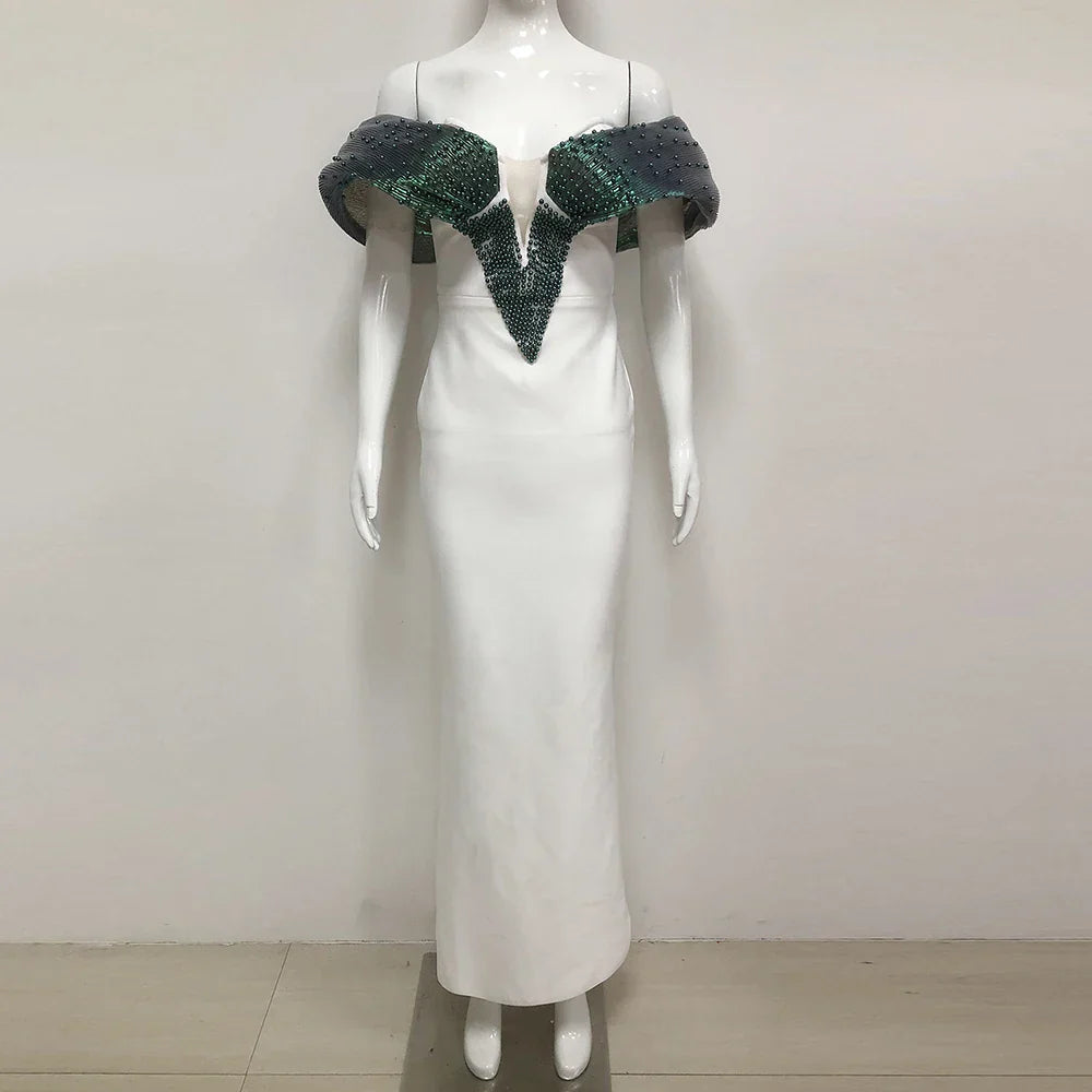 Women Sexy Pearl Beading Tight Maxi Bandage Dress Off The Shoulder Patchwork Bodycon Clothes Club Evening Party Elegant Gown green