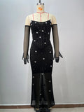 Women'S Light Luxury Nail Bead Chiffon Dress Strapless Sleeveless Glove Design Bodycon Backless Black Long Dresses Vestidos black