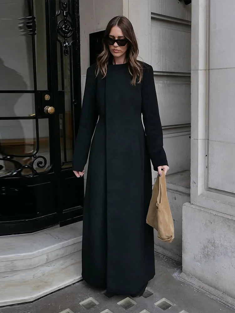 Women's Long Coats O-neck Shoulder Pad Woolen Overcoats Street Female Full Sleeves Slim Early Spring Warm Jackets New Outerwears