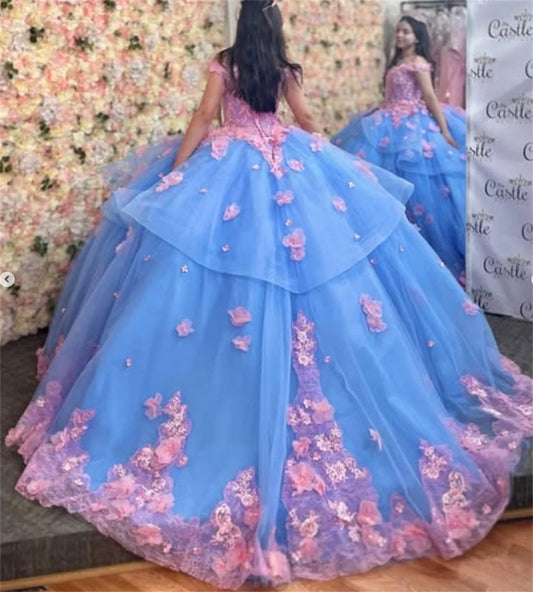 Gorgeous Blue And Pink Quinceanera Dresses 2025 Off Shoulder 3D Florals Lace Vestidos De 15 Años Corset Charro Gown Customized