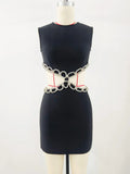 2024 Sexy Women's Waist Set with Diamond Chain Design Bandage Dress O-Neck Sleeveless Bodycon Bareback Mini Dress Party Vestidos black