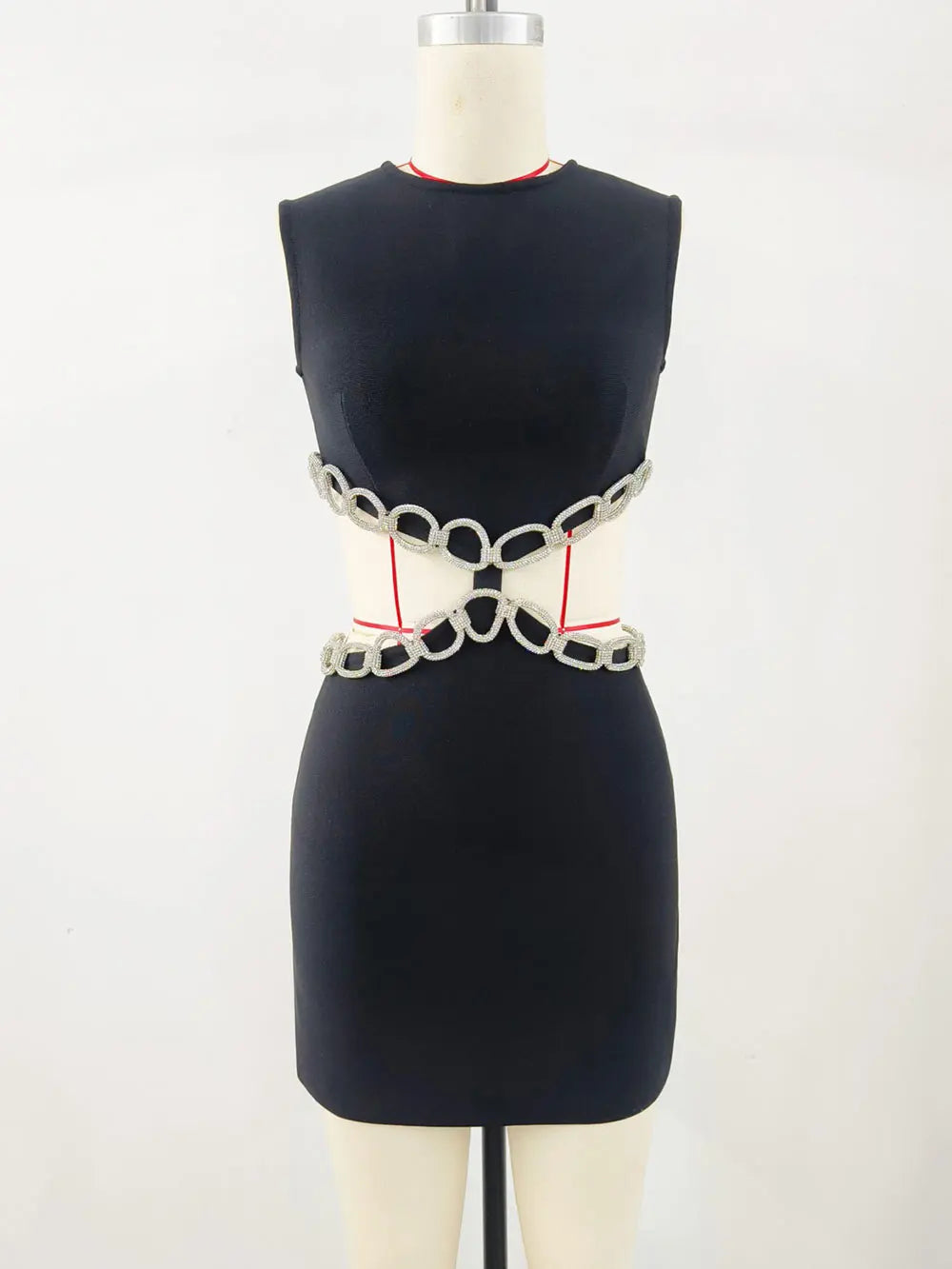 2024 Sexy Women's Waist Set with Diamond Chain Design Bandage Dress O-Neck Sleeveless Bodycon Bareback Mini Dress Party Vestidos black