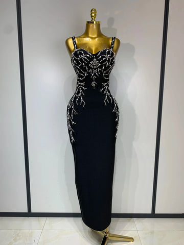 Women Sexy V Neck Black Beading Maxi Long Bodycon Bandage Dress Celebrity Elegant Evening Club Party Luxury Birthday Dress black