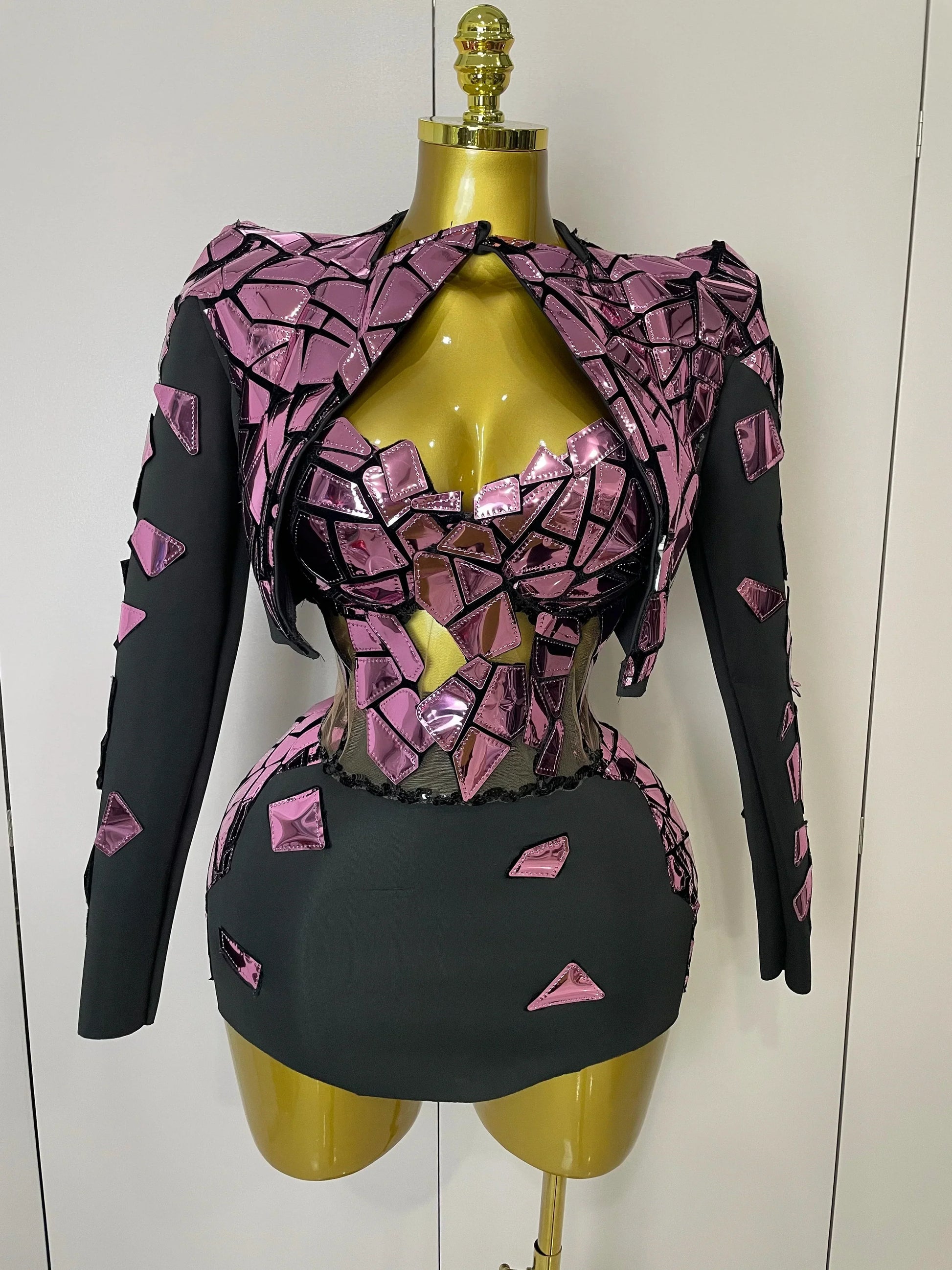 Women Sexy Pink Glitter Sequin Mirrors Short Skirt 3pcs Set Birthday Party Nightclub Queen Drag Stage Costume Pink