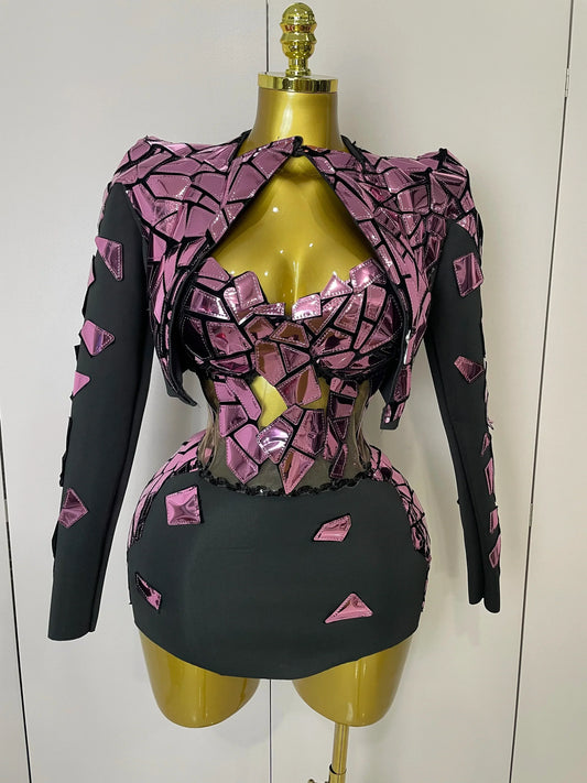 Women Sexy Pink Glitter Sequin Mirrors Short Skirt 3pcs Set Birthday Party Nightclub Queen Drag Stage Costume Pink