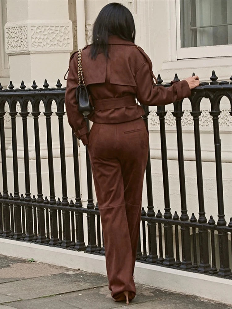 Women's 2 Pcs Suits Suede Lapel Sashes Short Jacket Pants Sets Chic Female Full Sleeves Slim Coats High Waist Trousers Partywear