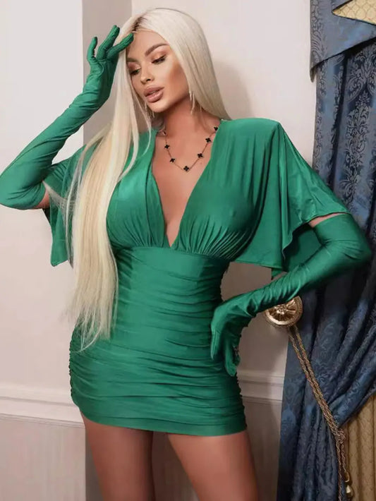 Women's Green Satin Dress Double Collar Bat Sleeve Glove Decoration Draped Loose Mini Dresses Cocktail Evening Party Vestidos