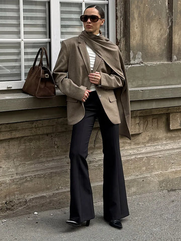 Women's Bomber Jackets Detachable Scarf Blazer New Female Lapel Long Sleeves Loose Commuting Coats Fashion Ladies New Outerwears